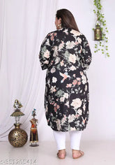 Black plus size floral print pure cotton straight kurta with three-quarter sleeves, featuring a stunning design on a comfortable and breathable fabric. Perfect for women in sizes XXL, XXXL (46" bust, 46" length), 4XL (48" bust, 46" length), and 9XL. Made in India